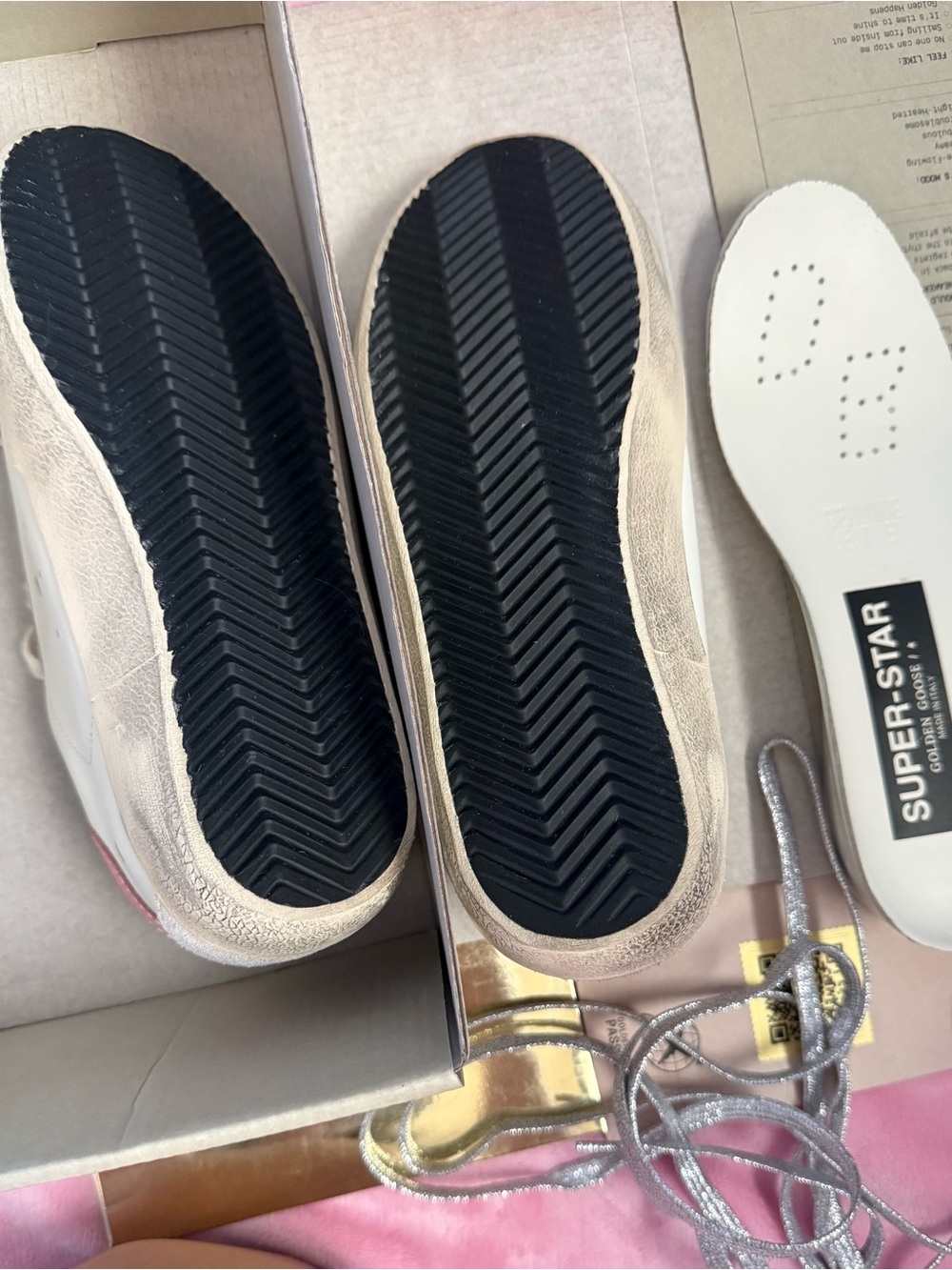 Golden Goose White Leather Sneakers with Pink Heel and Silver Star Accent - Picture 6 of 6